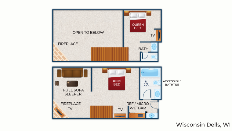 The floor plan for the Loft Fireplace Suite (Accessible Bathtub)